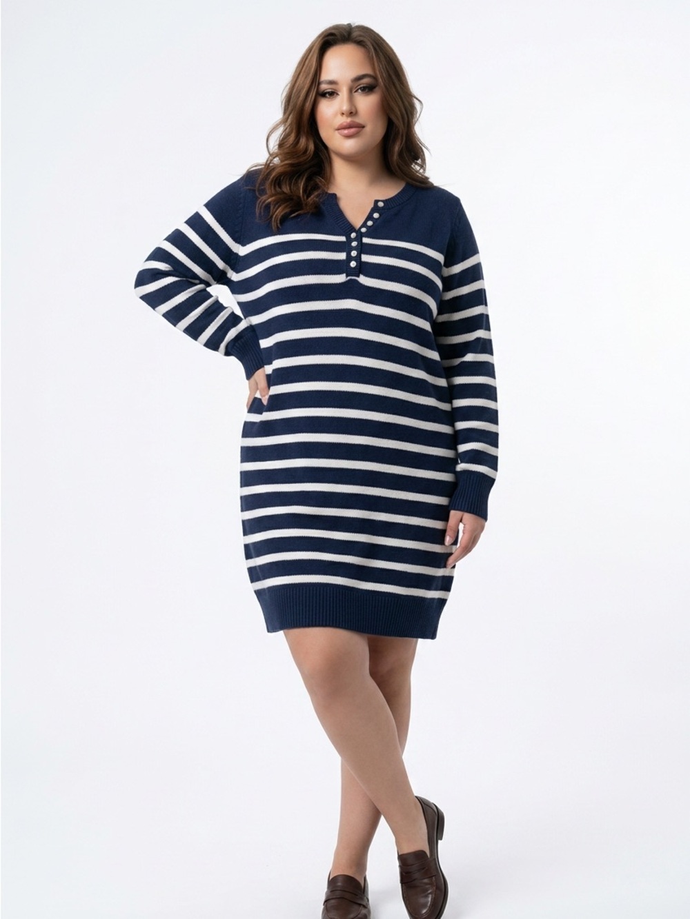 Sonoma Navy and White Striped V-Neck Sweater Dress